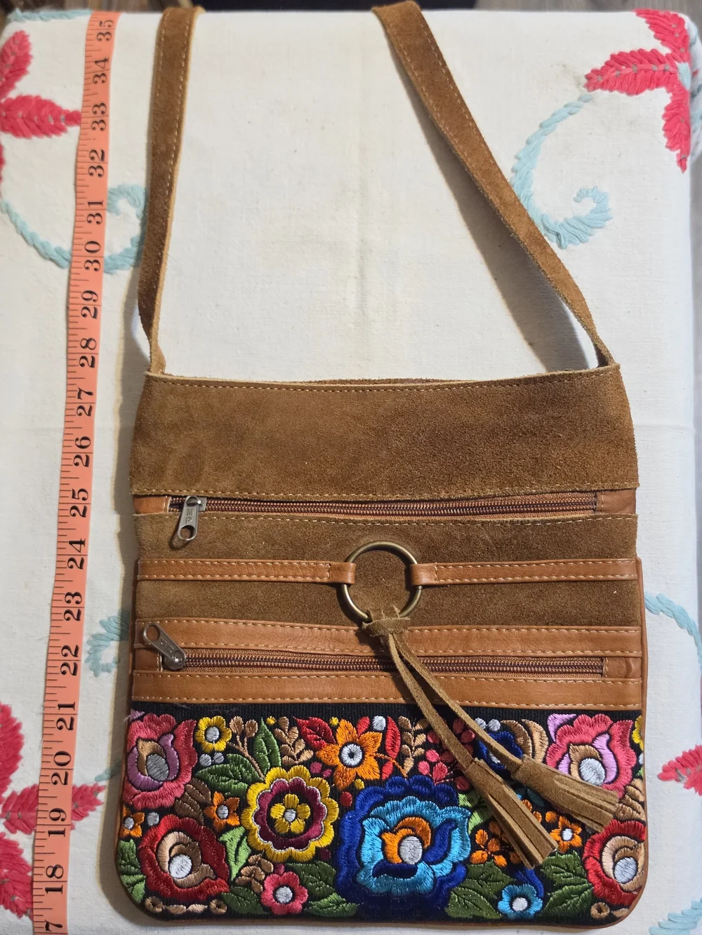 Brown Suede Crossbody Bag with Colorful Floral Embroidery